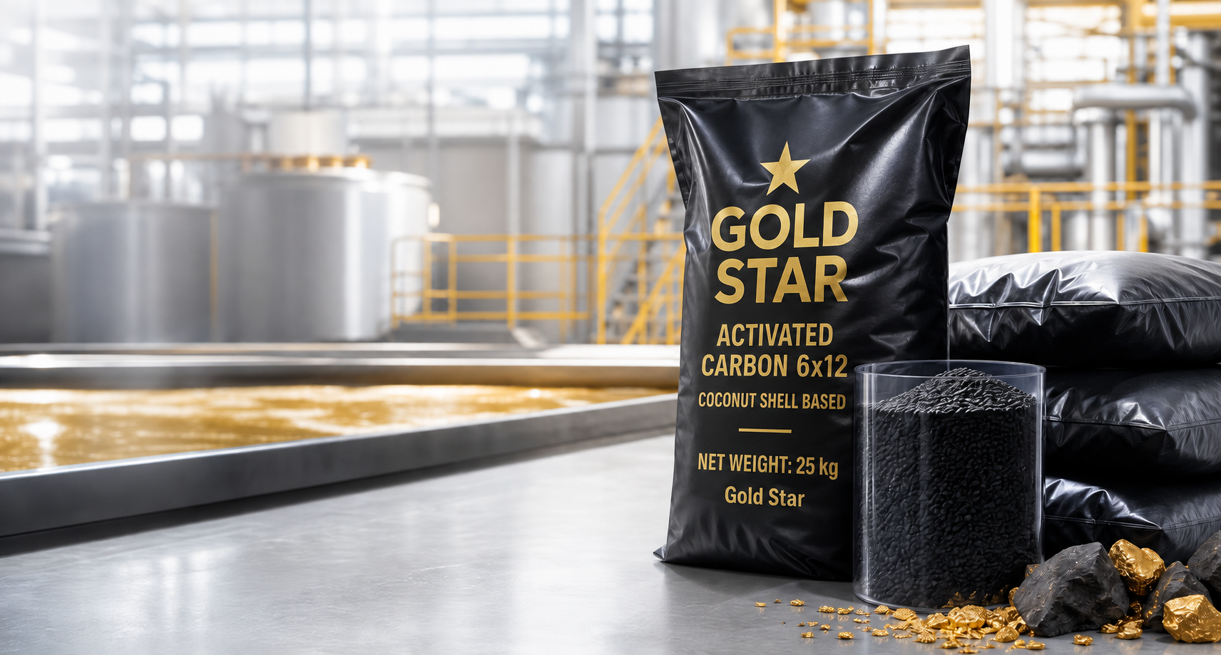 Black industrial activated carbon bags and granular carbon in a gold leaching warehouse